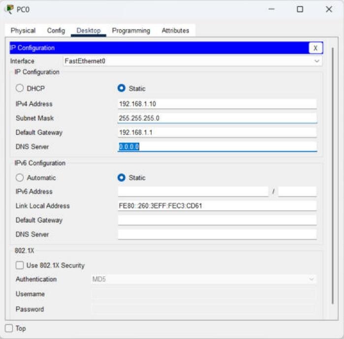 تنظیم IP روی PC0